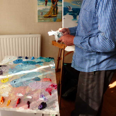 my studio showing a colored landscape painting artwork